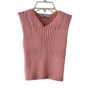 ZARA Pink Ribbed Knit Sleeveless Tank Top Women’s Medium V-Neck Cropped